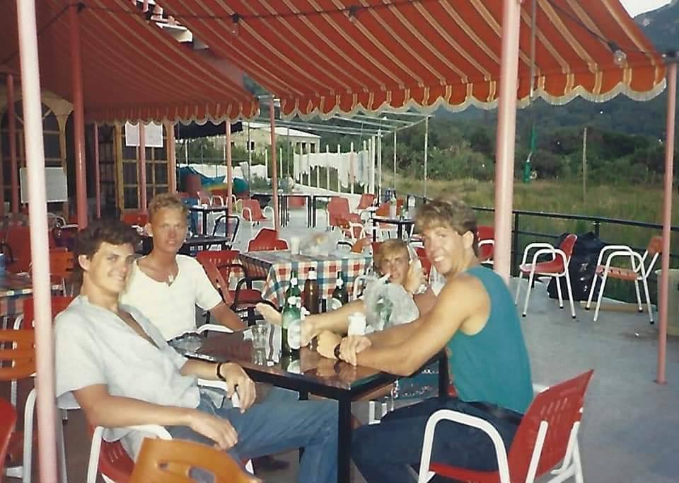 Black-and-white archival photo: the original Beach Restaurant on the sand, late 1980s.