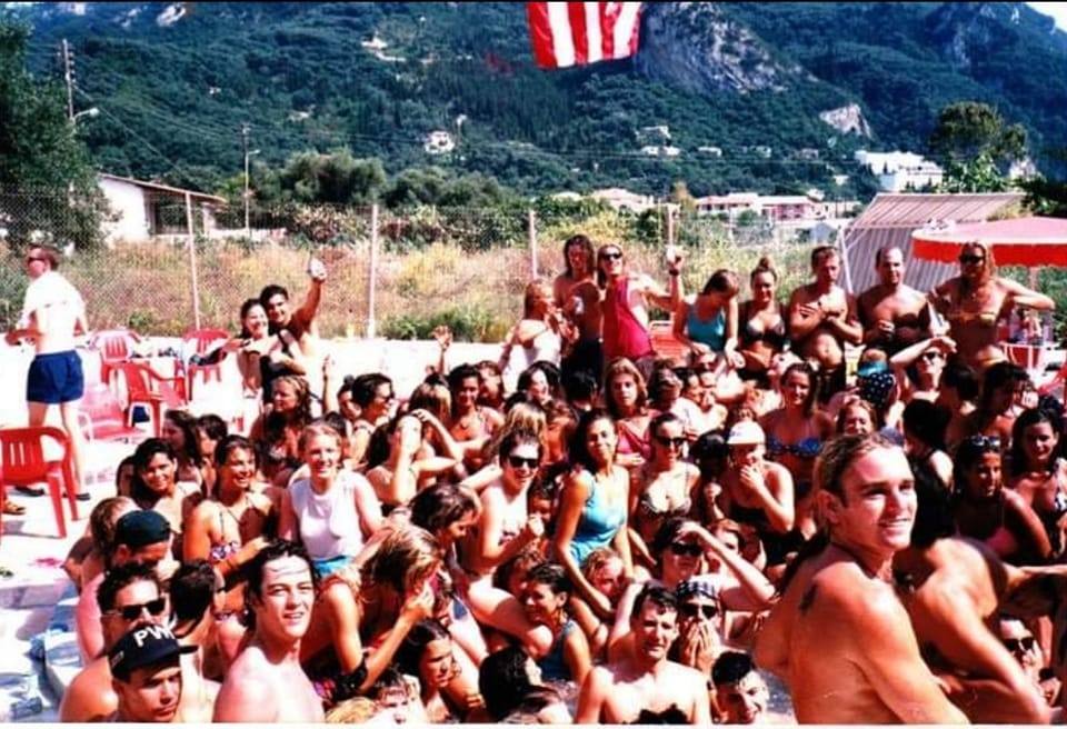 A packed crowd at the Pink Palace pool, mid-1990s.